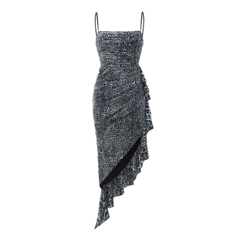 Rasario Black Gray Leopard Print Ruched Bodycon Cocktail Dress - Picture 2 of 13